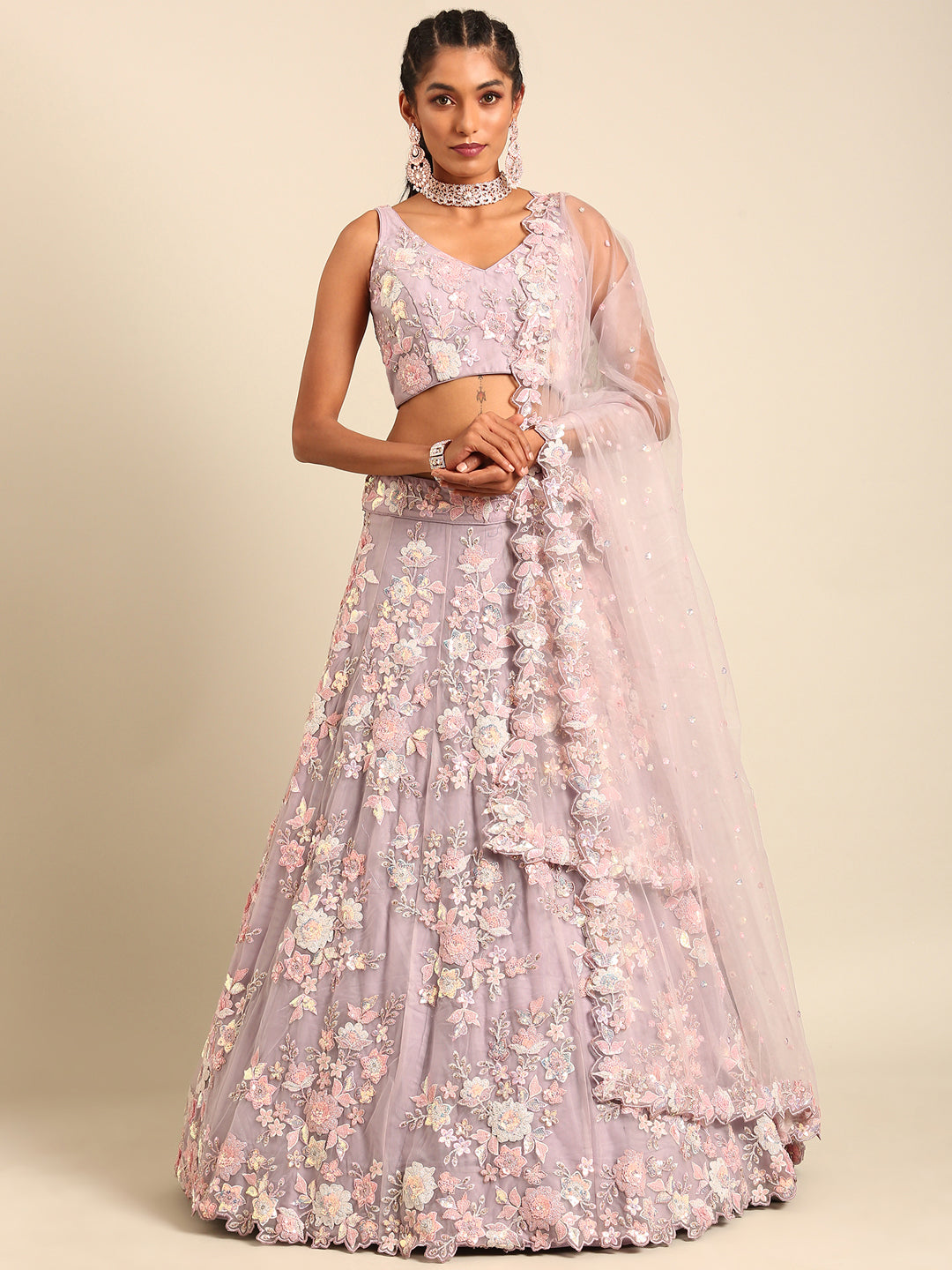 Mauve Net Sequins with heavy Zarkan embroidery Semi-Stitched Lehenga choli & Dupatta ClothsVilla