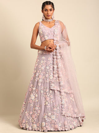 Mauve Net Sequins with heavy Zarkan embroidery Semi-Stitched Lehenga choli & Dupatta ClothsVilla