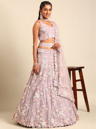 Mauve Net Sequins with heavy Zarkan embroidery Semi-Stitched Lehenga choli & Dupatta ClothsVilla