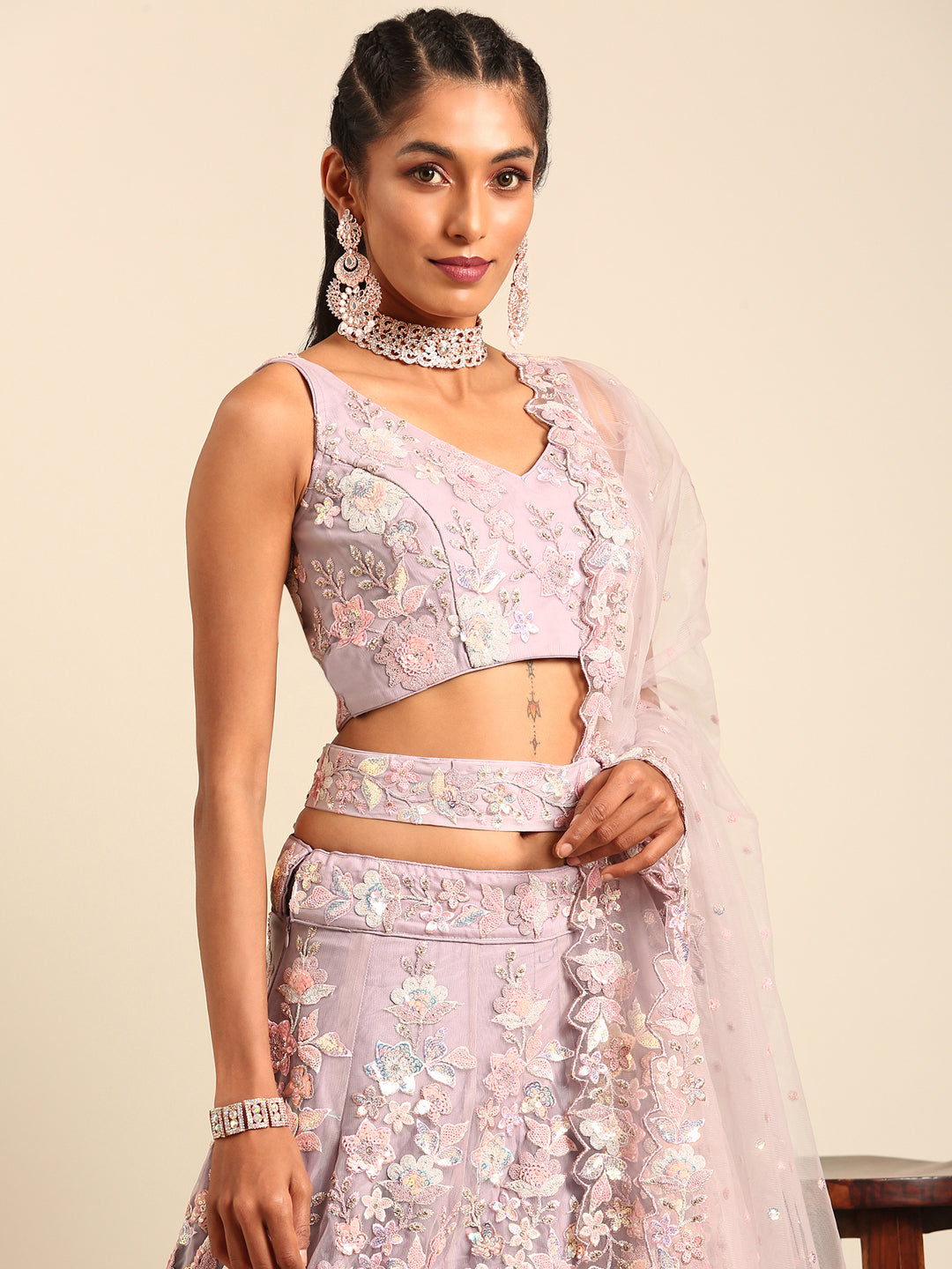 Mauve Net Sequins with heavy Zarkan embroidery Semi-Stitched Lehenga choli & Dupatta ClothsVilla