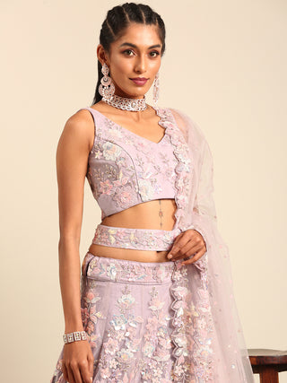 Mauve Net Sequins with heavy Zarkan embroidery Semi-Stitched Lehenga choli & Dupatta ClothsVilla