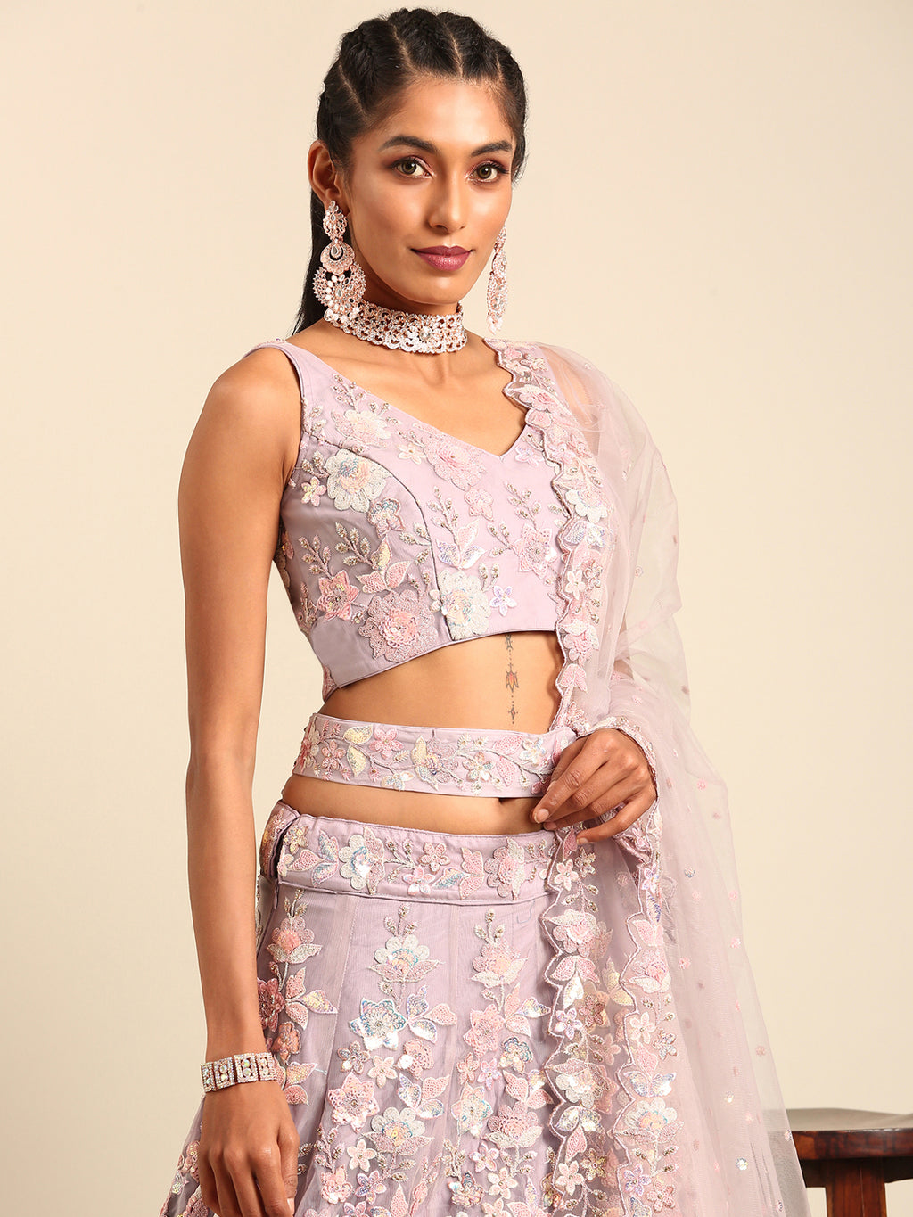 Mauve Net Sequins with heavy Zarkan embroidery Semi-Stitched Lehenga choli & Dupatta ClothsVilla