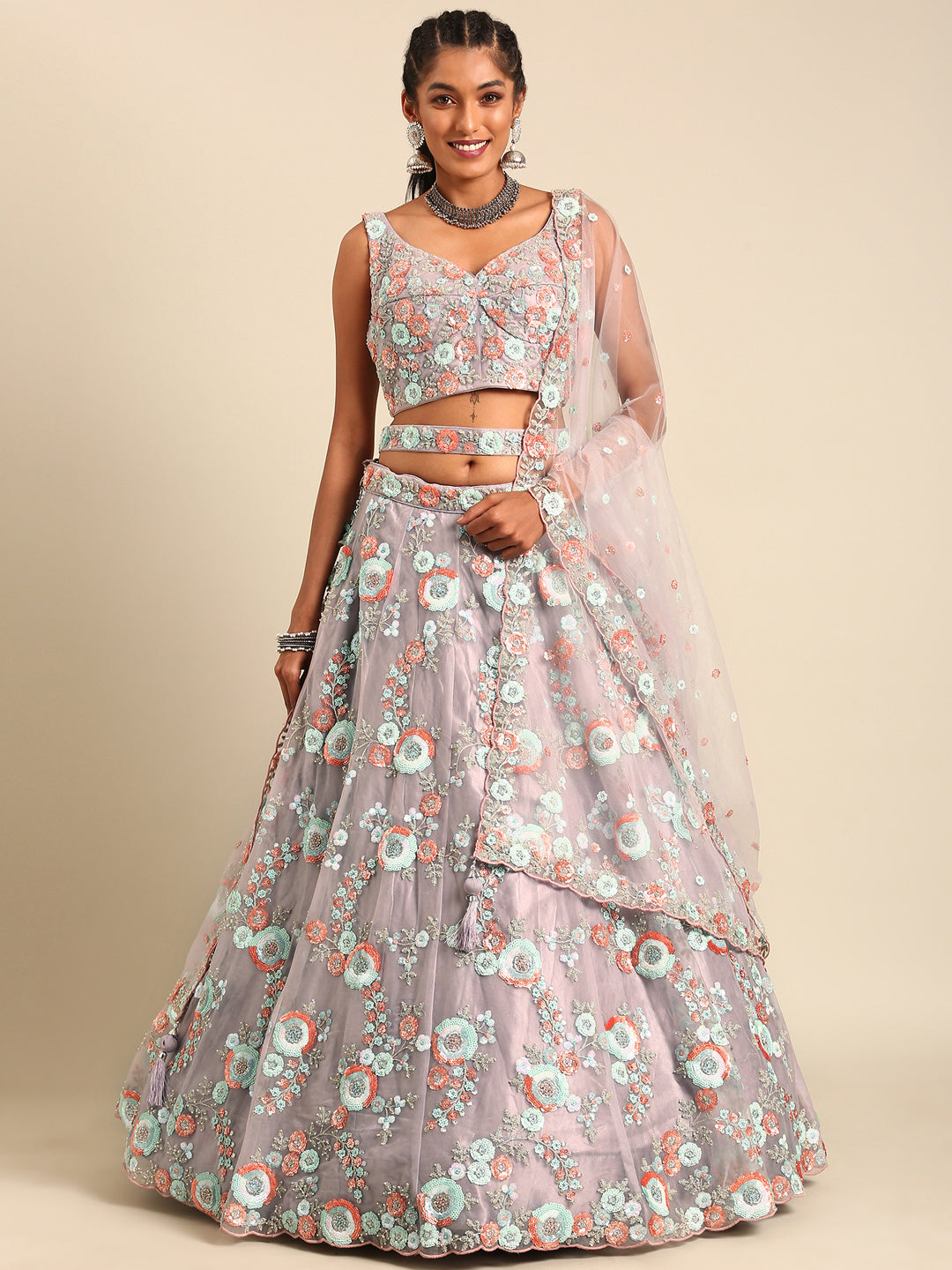 Mauve Net Sequins & Zarkan embroidery Semi-Stitched Lehenga choli & Dupatta ClothsVilla Main image
