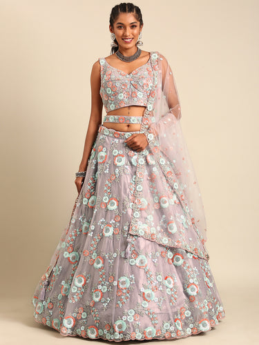 Mauve Net Sequins & Zarkan embroidery Semi-Stitched Lehenga choli & Dupatta ClothsVilla