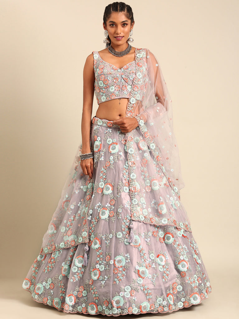 Mauve Net Sequins & Zarkan embroidery Semi-Stitched Lehenga choli & Dupatta ClothsVilla