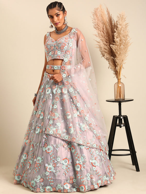 Mauve Net Sequins & Zarkan embroidery Semi-Stitched Lehenga choli & Dupatta ClothsVilla