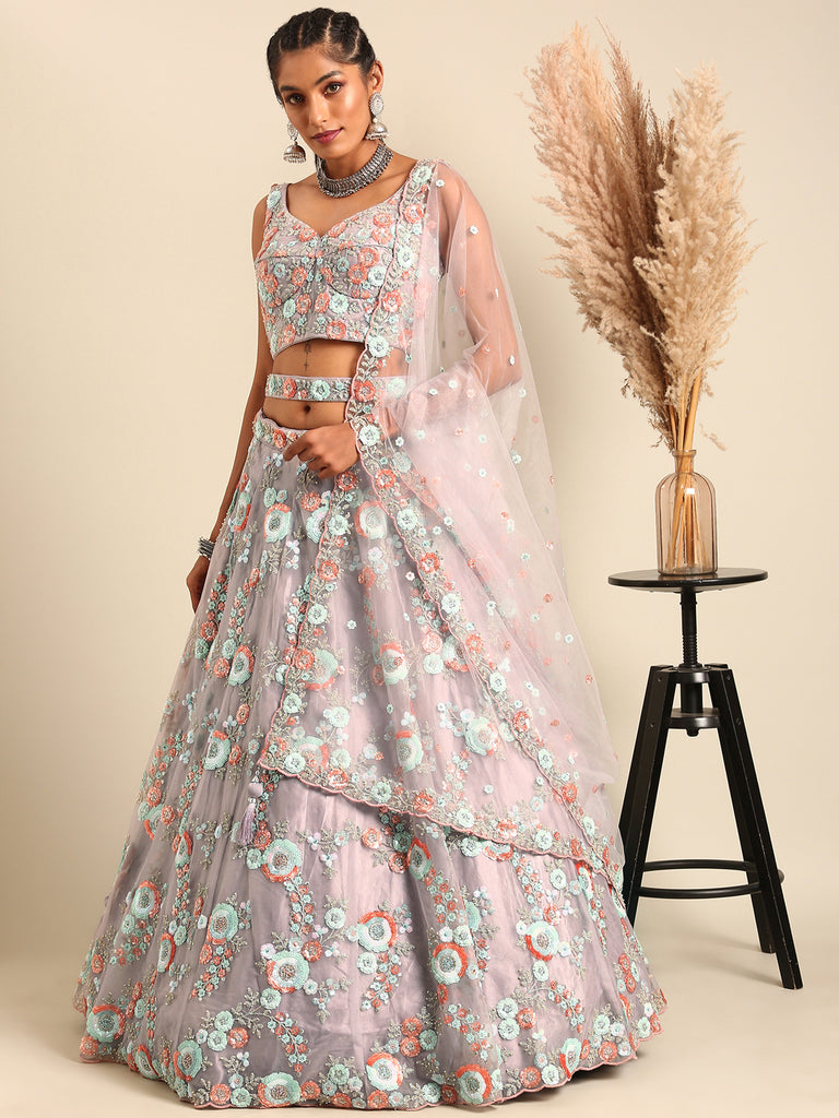 Mauve Net Sequins & Zarkan embroidery Semi-Stitched Lehenga choli & Dupatta ClothsVilla