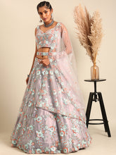 Load image into Gallery viewer, Mauve Net Sequins &amp; Zarkan embroidery Semi-Stitched Lehenga choli &amp; Dupatta ClothsVilla