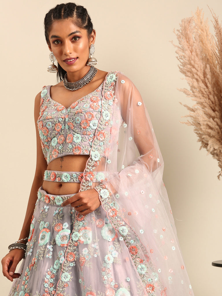 Mauve Net Sequins & Zarkan embroidery Semi-Stitched Lehenga choli & Dupatta ClothsVilla