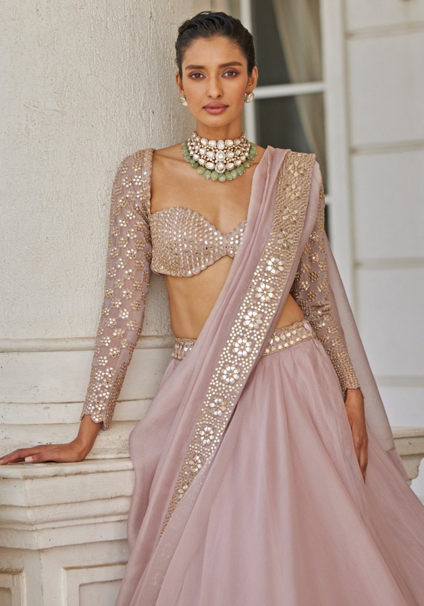 Mauve Organza Silk Mirror Zari Lehenga ClothsVilla
