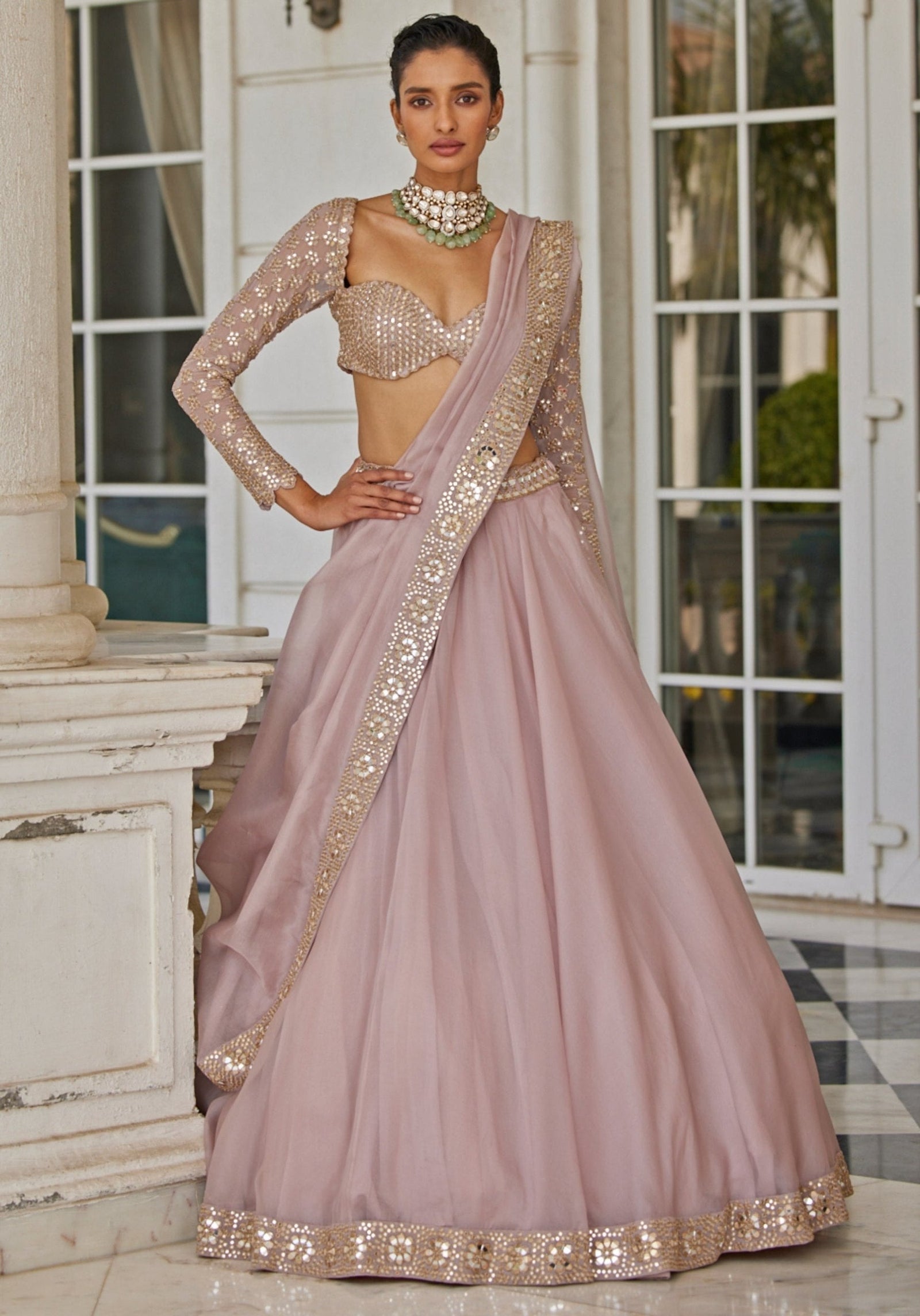 Mauve Organza Silk Mirror Zari Lehenga ClothsVilla
