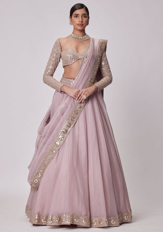Mauve Organza Silk Mirror Zari Lehenga ClothsVilla