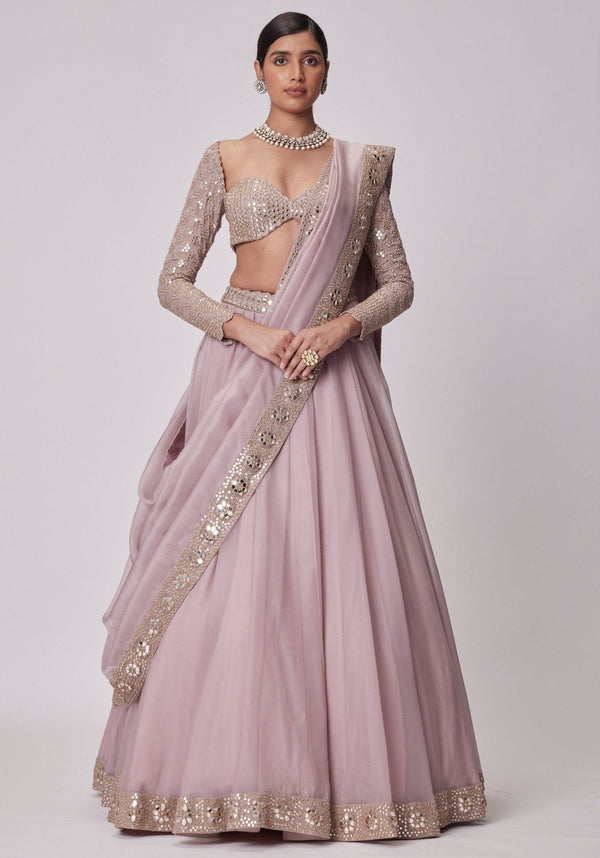 Mauve Organza Silk Mirror Zari Lehenga ClothsVilla