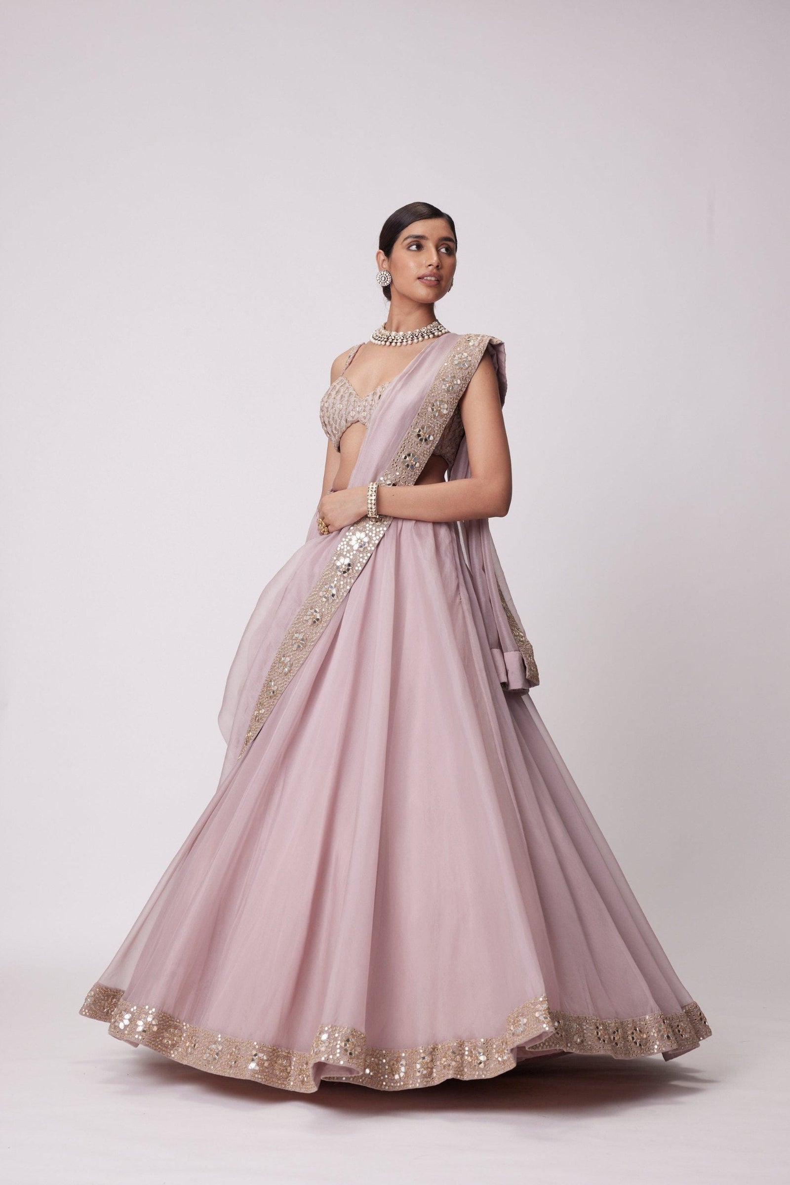 Mauve Organza Silk Mirror Zari Lehenga ClothsVilla