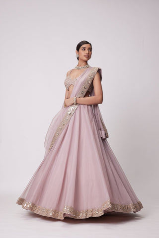 Mauve Organza Silk Mirror Zari Lehenga ClothsVilla