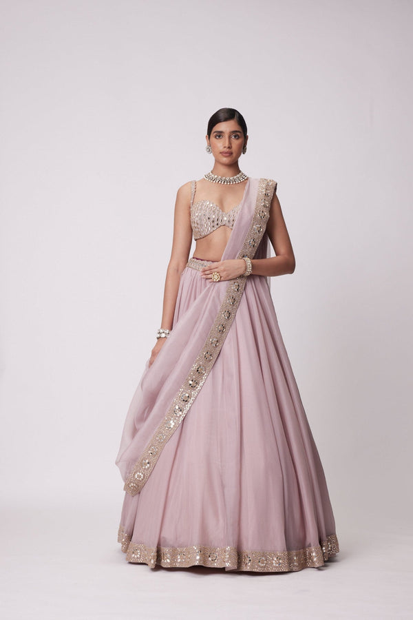 Mauve Organza Silk Mirror Zari Lehenga ClothsVilla