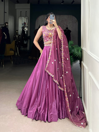 Mauve Pink Elegant Silk Crepe Embroidered Lehenga Choli Set with Organza Dupatta & Designer Belt ClothsVilla