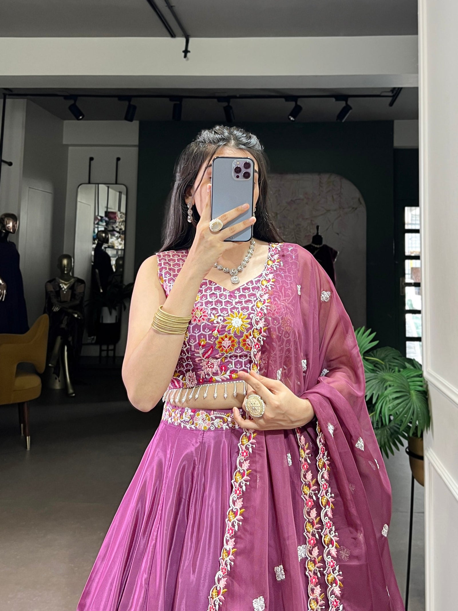 Mauve Pink Elegant Silk Crepe Embroidered Lehenga Choli Set with Organza Dupatta & Designer Belt ClothsVilla