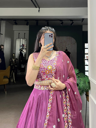 Mauve Pink Elegant Silk Crepe Embroidered Lehenga Choli Set with Organza Dupatta & Designer Belt ClothsVilla