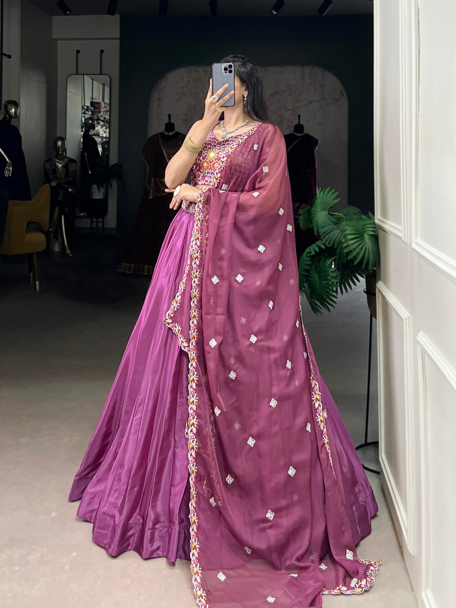 Mauve Pink Elegant Silk Crepe Embroidered Lehenga Choli Set with Organza Dupatta & Designer Belt ClothsVilla
