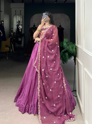 Mauve Pink Elegant Silk Crepe Embroidered Lehenga Choli Set with Organza Dupatta & Designer Belt ClothsVilla