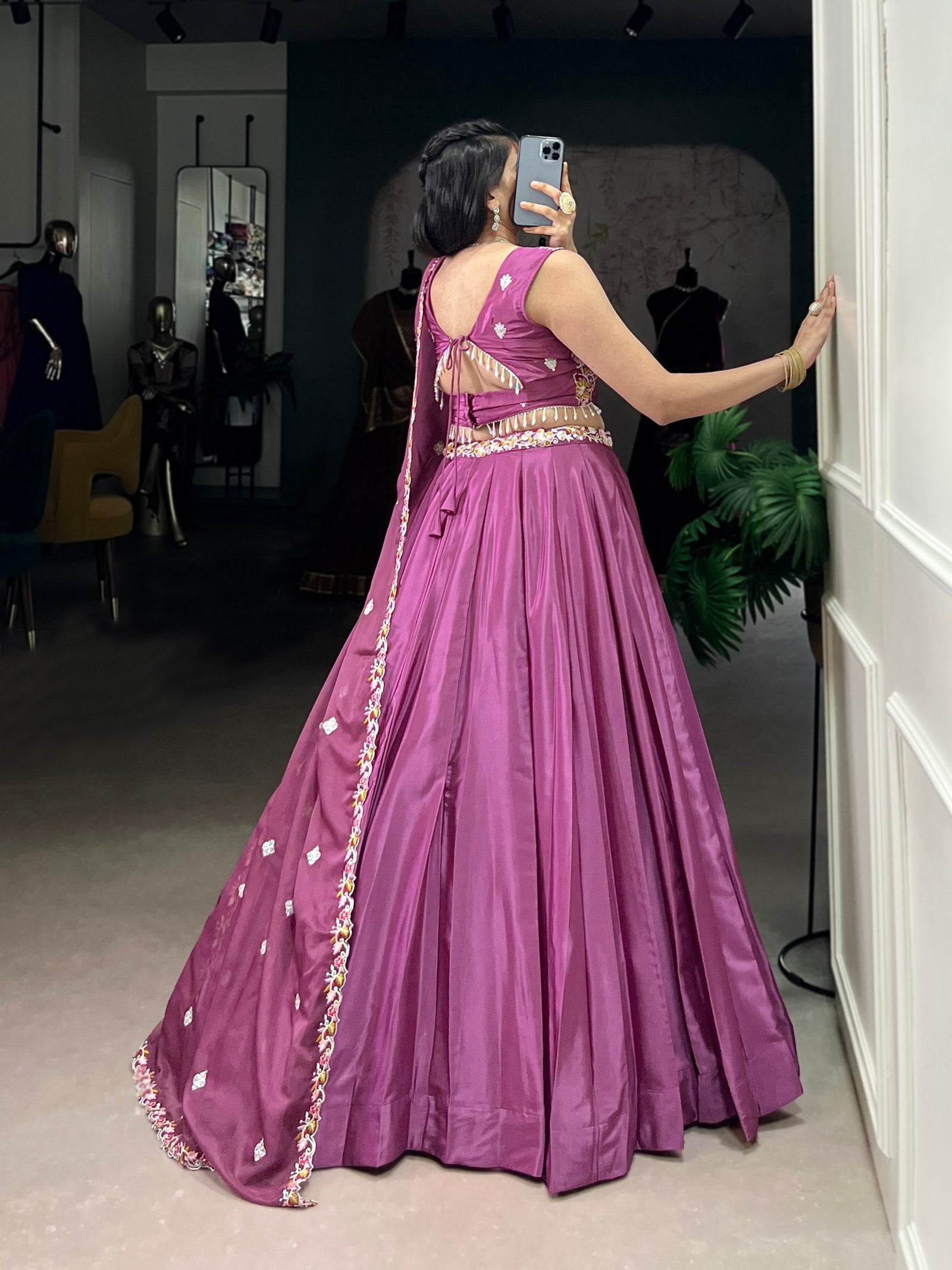 Mauve Pink Elegant Silk Crepe Embroidered Lehenga Choli Set with Organza Dupatta & Designer Belt ClothsVilla
