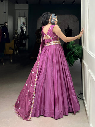 Mauve Pink Elegant Silk Crepe Embroidered Lehenga Choli Set with Organza Dupatta & Designer Belt ClothsVilla