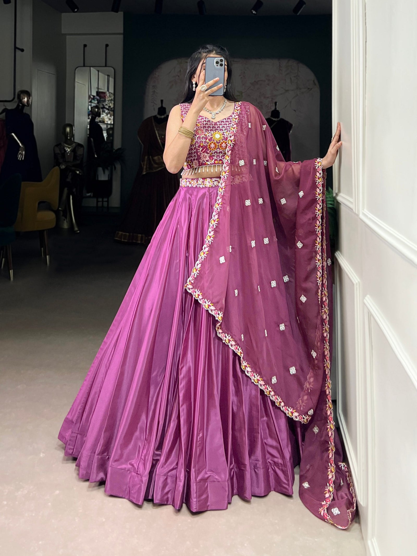 Mauve Pink Elegant Silk Crepe Embroidered Lehenga Choli Set with Organza Dupatta & Designer Belt ClothsVilla