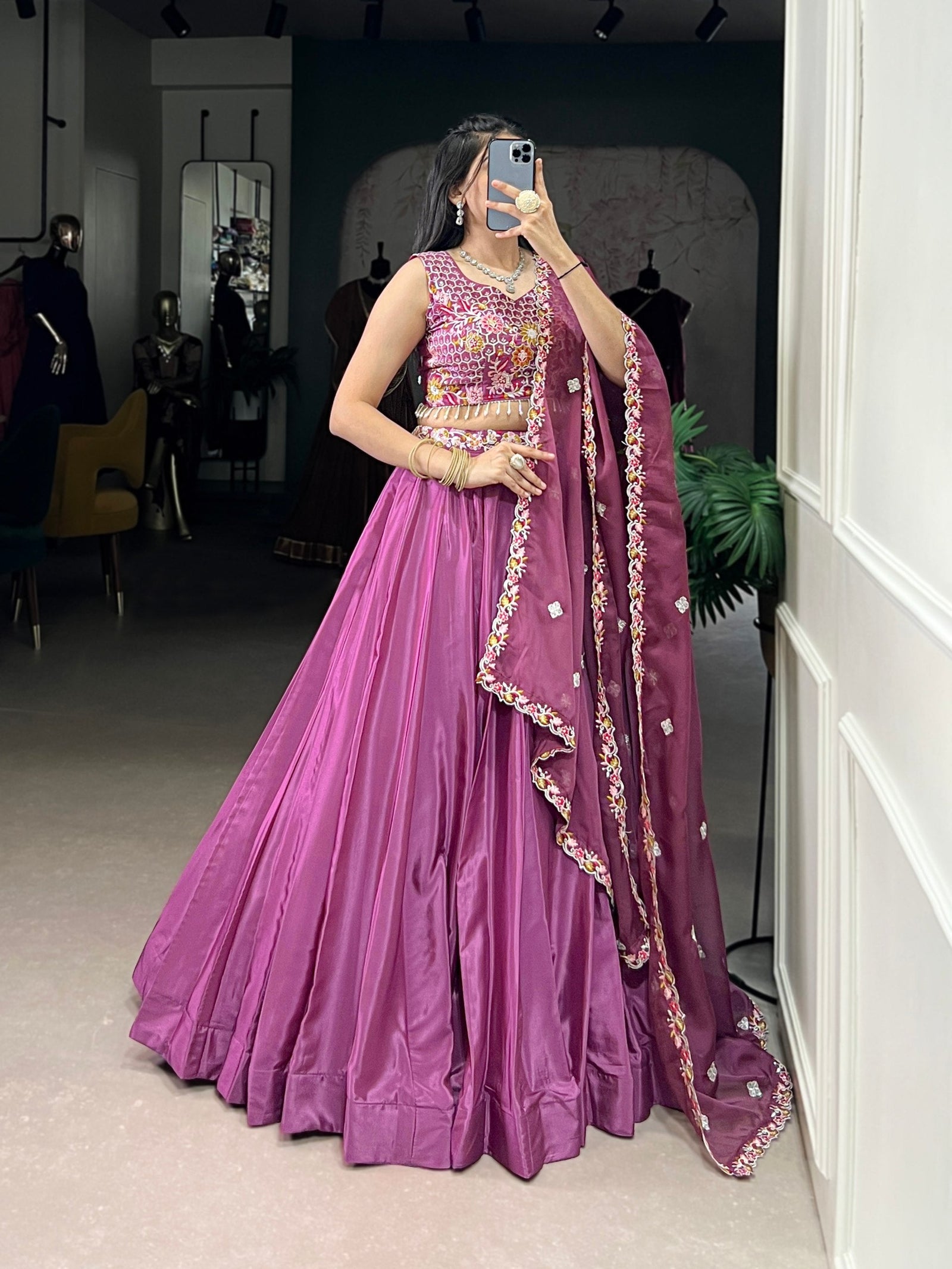 Mauve Pink Elegant Silk Crepe Embroidered Lehenga Choli Set with Organza Dupatta & Designer Belt ClothsVilla