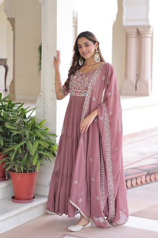 Mauve Pink Luxury Faux Blooming Sequins Multithread Beads Embroidered Gown with Designer Dupatta – Full Inner ClothsVilla