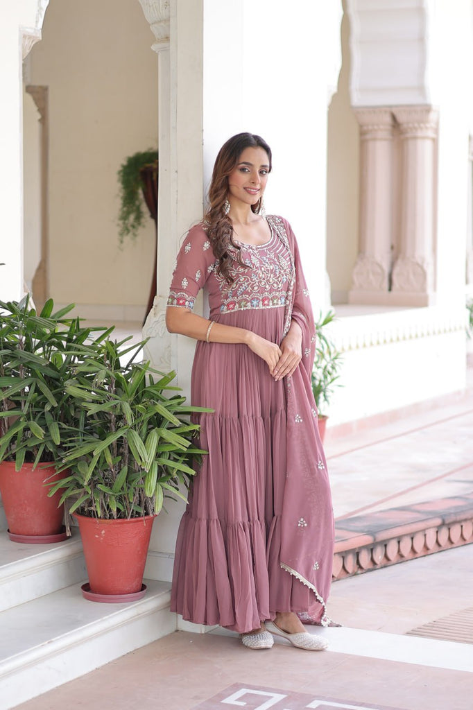 Mauve Pink Luxury Faux Blooming Sequins Multithread Beads Embroidered Gown with Designer Dupatta – Full Inner ClothsVilla