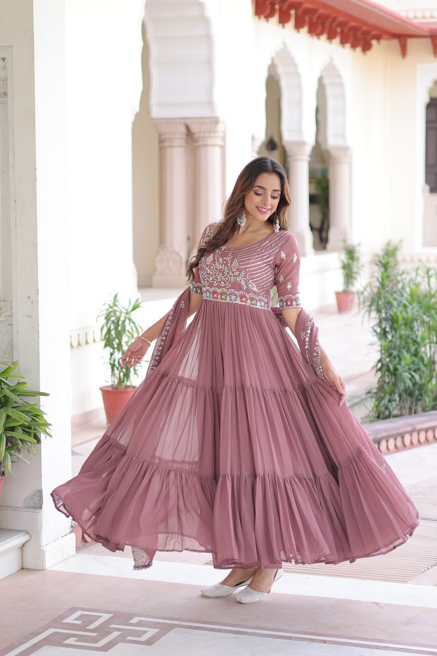 Mauve Pink Luxury Faux Blooming Sequins Multithread Beads Embroidered Gown with Designer Dupatta – Full Inner ClothsVilla Main image