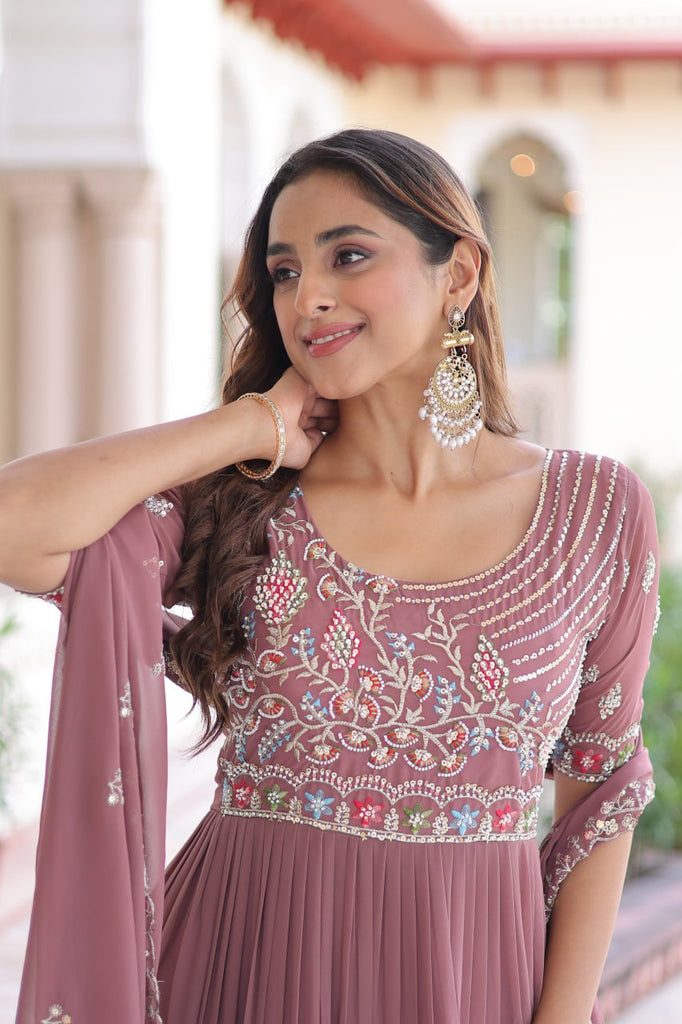 Mauve Pink Luxury Faux Blooming Sequins Multithread Beads Embroidered Gown with Designer Dupatta – Full Inner ClothsVilla