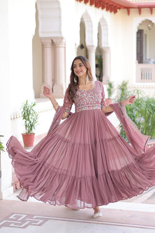 Mauve Pink Luxury Faux Blooming Sequins Multithread Beads Embroidered Gown with Designer Dupatta – Full Inner ClothsVilla