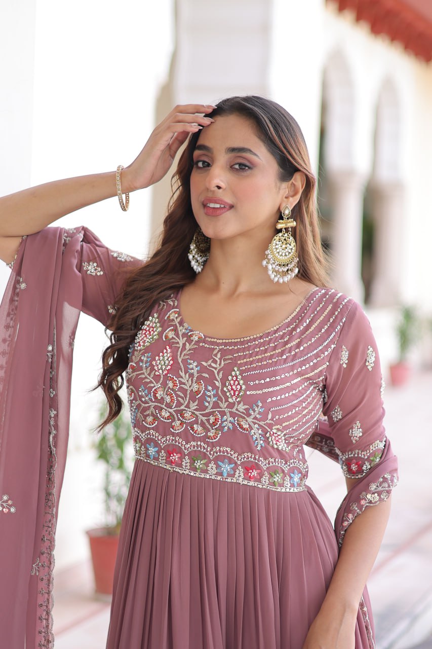 Mauve Pink Luxury Faux Blooming Sequins Multithread Beads Embroidered Gown with Designer Dupatta – Full Inner ClothsVilla