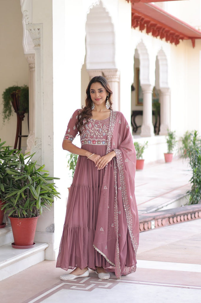 Mauve Pink Luxury Faux Blooming Sequins Multithread Beads Embroidered Gown with Designer Dupatta – Full Inner ClothsVilla