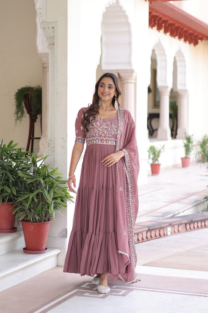 Mauve Pink Luxury Faux Blooming Sequins Multithread Beads Embroidered Gown with Designer Dupatta – Full Inner ClothsVilla