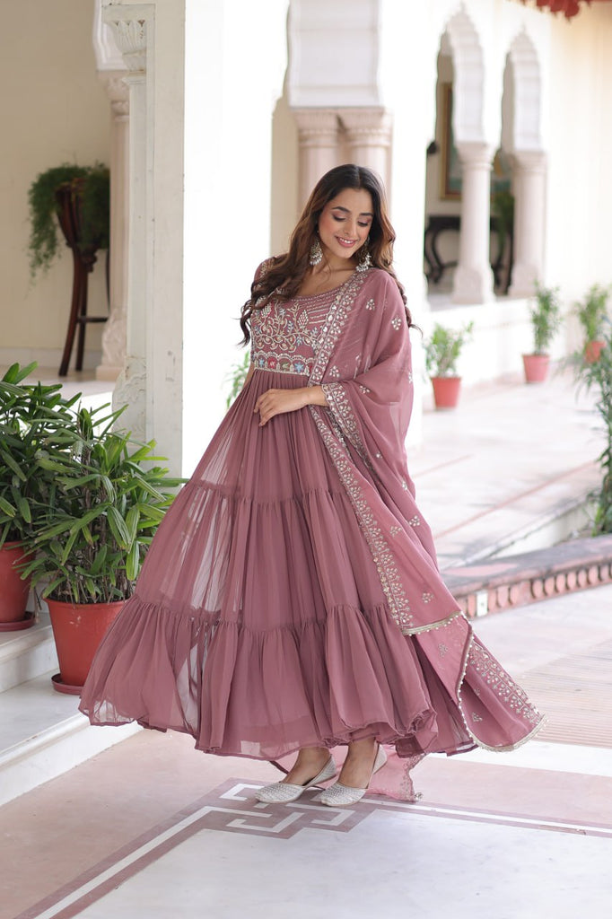 Mauve Pink Luxury Faux Blooming Sequins Multithread Beads Embroidered Gown with Designer Dupatta – Full Inner ClothsVilla