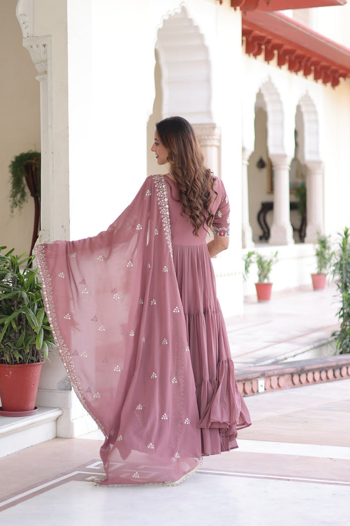 Mauve Pink Luxury Faux Blooming Sequins Multithread Beads Embroidered Gown with Designer Dupatta – Full Inner ClothsVilla