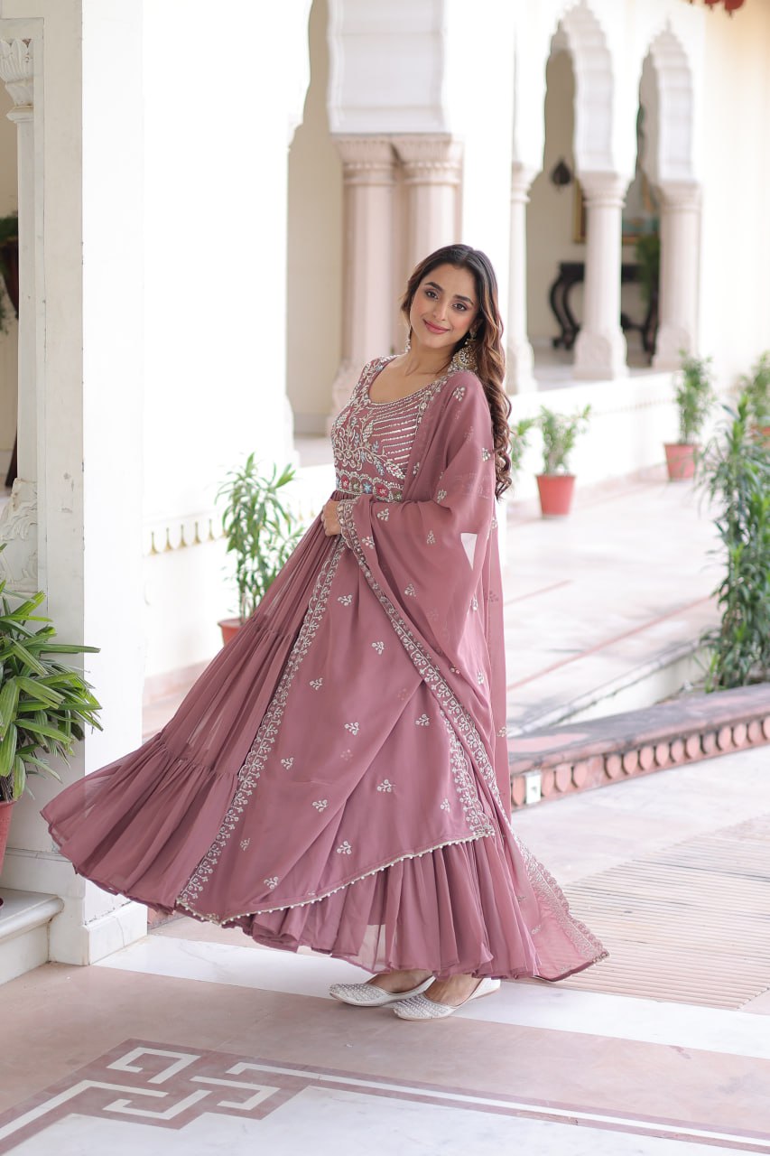 Mauve Pink Luxury Faux Blooming Sequins Multithread Beads Embroidered Gown with Designer Dupatta – Full Inner ClothsVilla