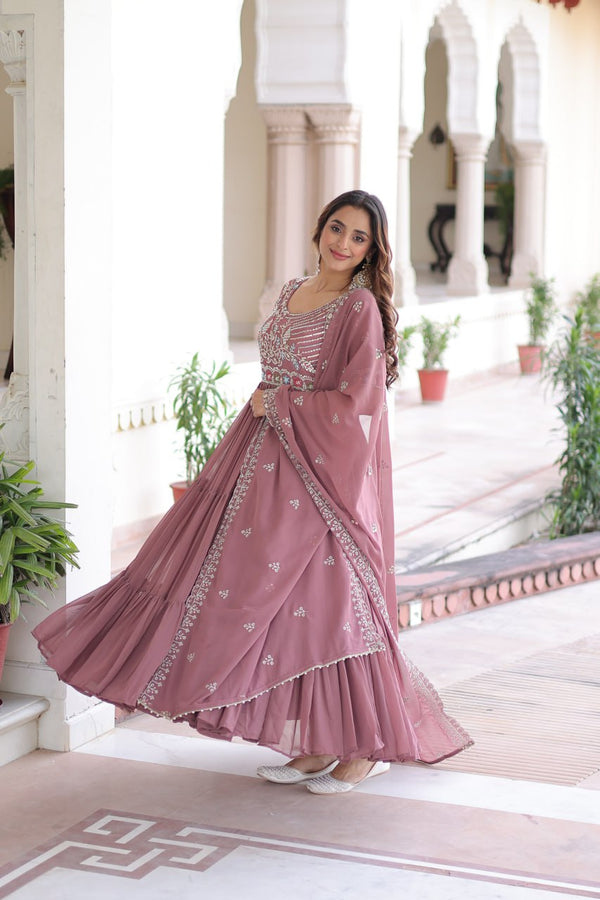 Mauve Pink Luxury Faux Blooming Sequins Multithread Beads Embroidered Gown with Designer Dupatta – Full Inner ClothsVilla