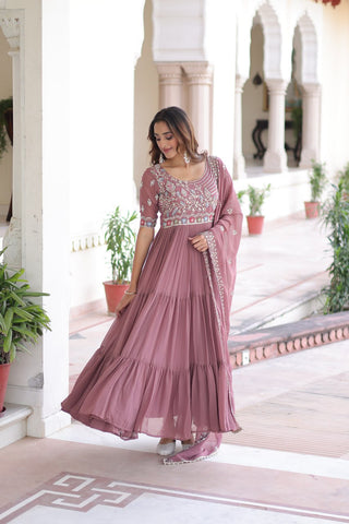 Mauve Pink Luxury Faux Blooming Sequins Multithread Beads Embroidered Gown with Designer Dupatta – Full Inner ClothsVilla