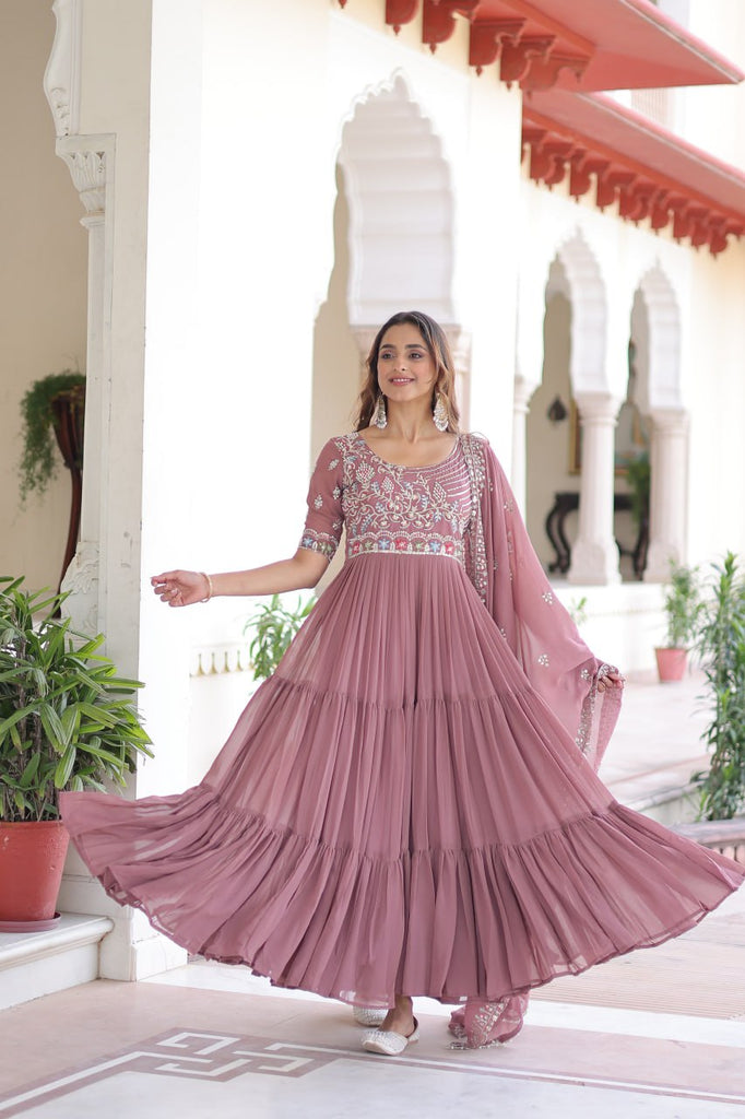Mauve Pink Luxury Faux Blooming Sequins Multithread Beads Embroidered Gown with Designer Dupatta – Full Inner ClothsVilla