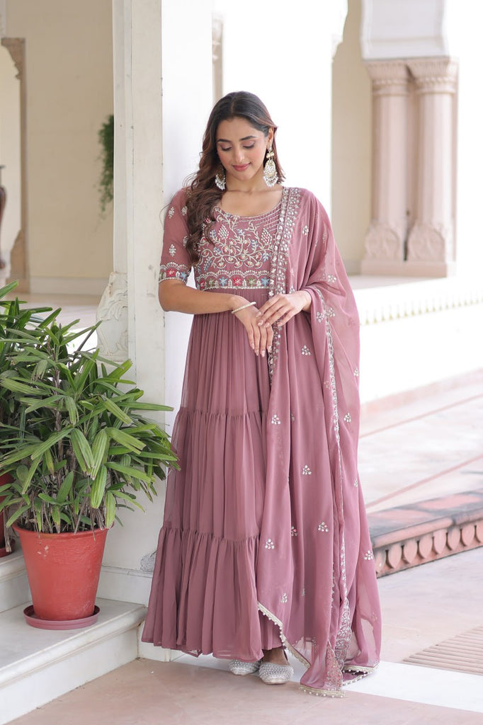 Mauve Pink Luxury Faux Blooming Sequins Multithread Beads Embroidered Gown with Designer Dupatta – Full Inner ClothsVilla