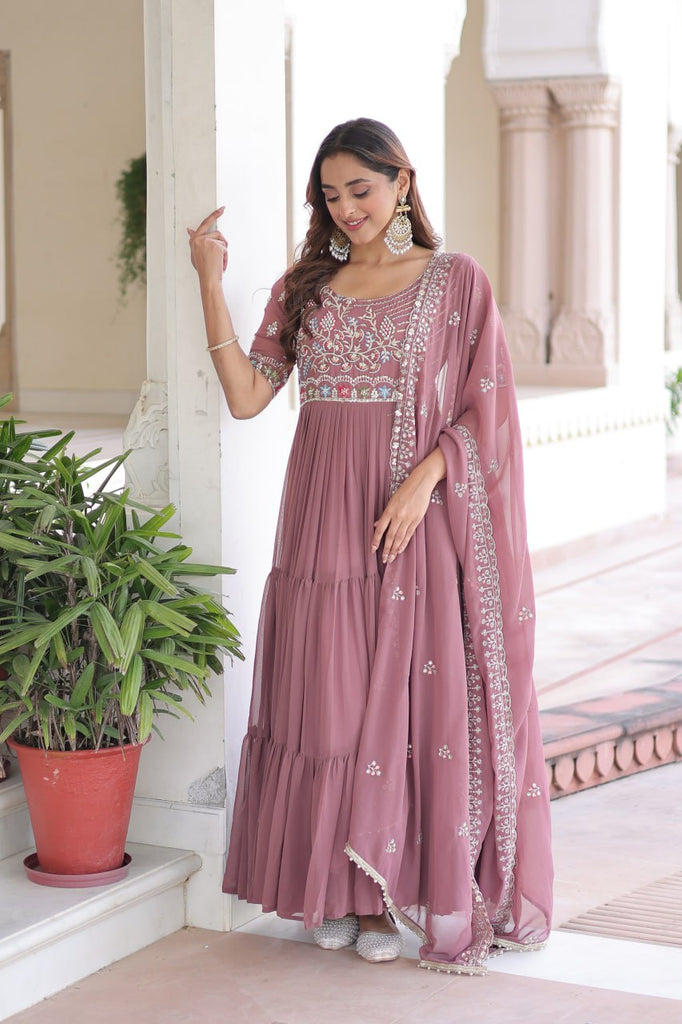 Mauve Pink Luxury Faux Blooming Sequins Multithread Beads Embroidered Gown with Designer Dupatta – Full Inner ClothsVilla