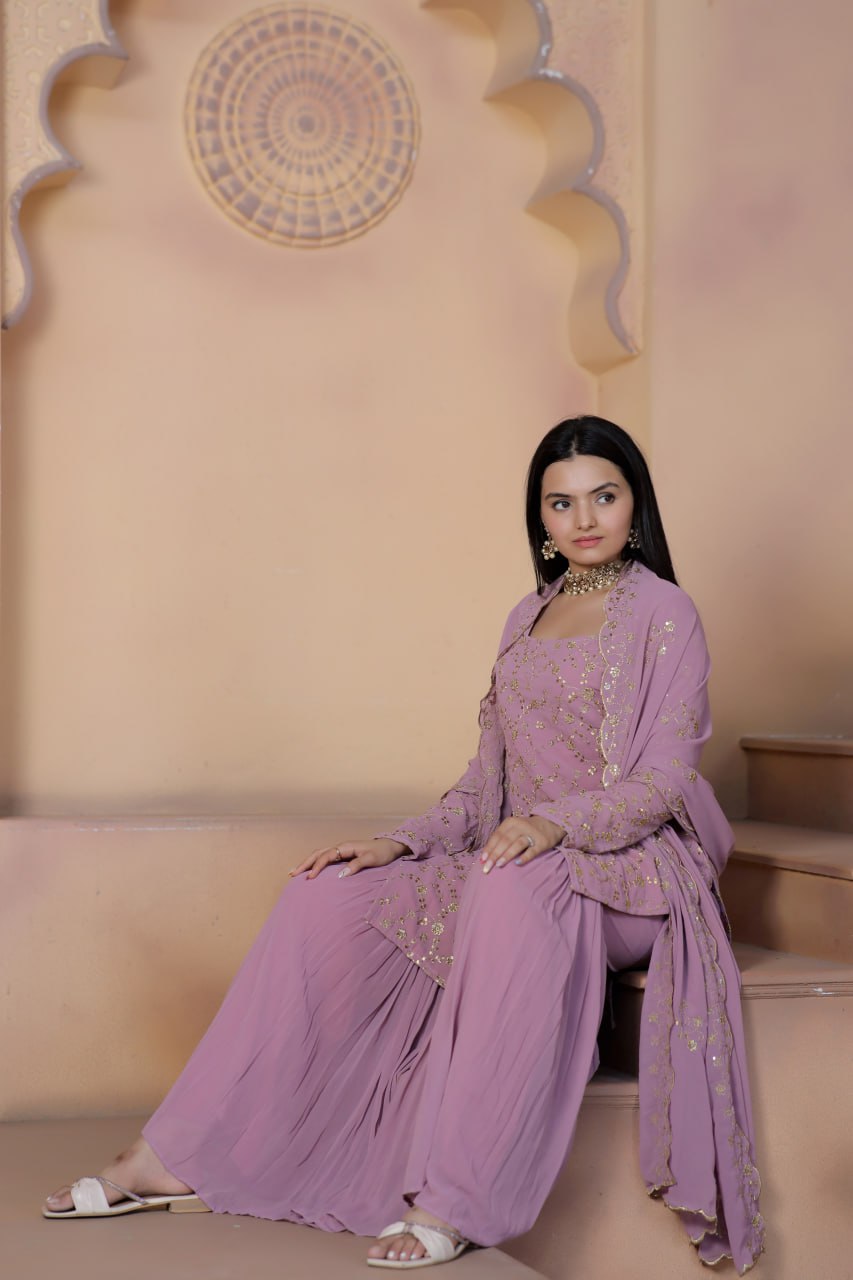 Mauve Premium Designer Readymade Top-Sharara-Dupatta Collection ClothsVilla