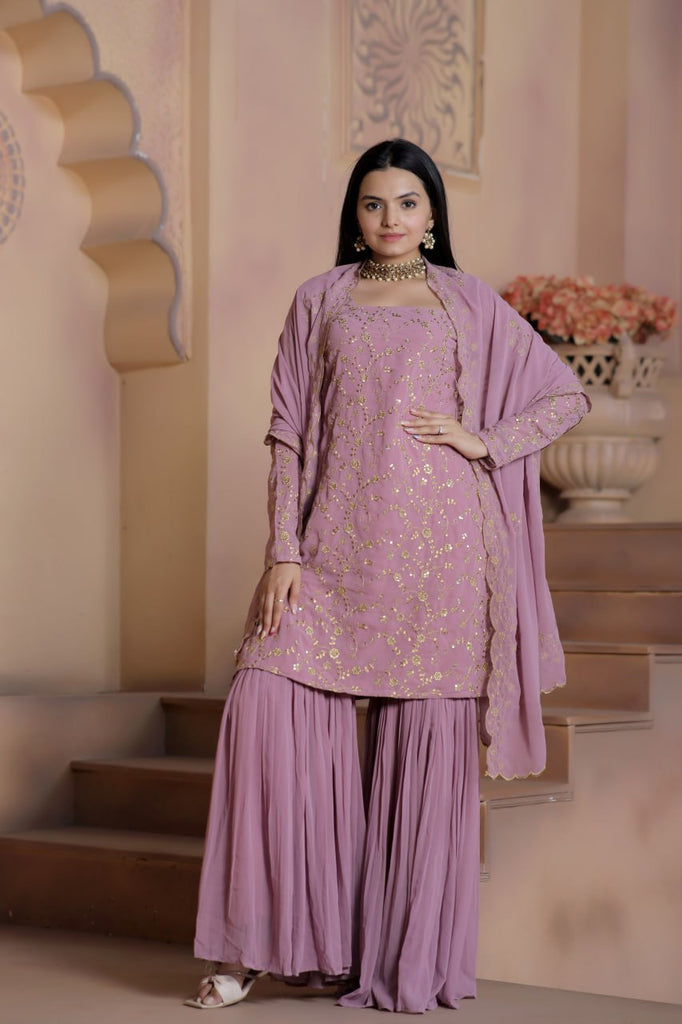 Mauve Premium Designer Readymade Top-Sharara-Dupatta Collection ClothsVilla