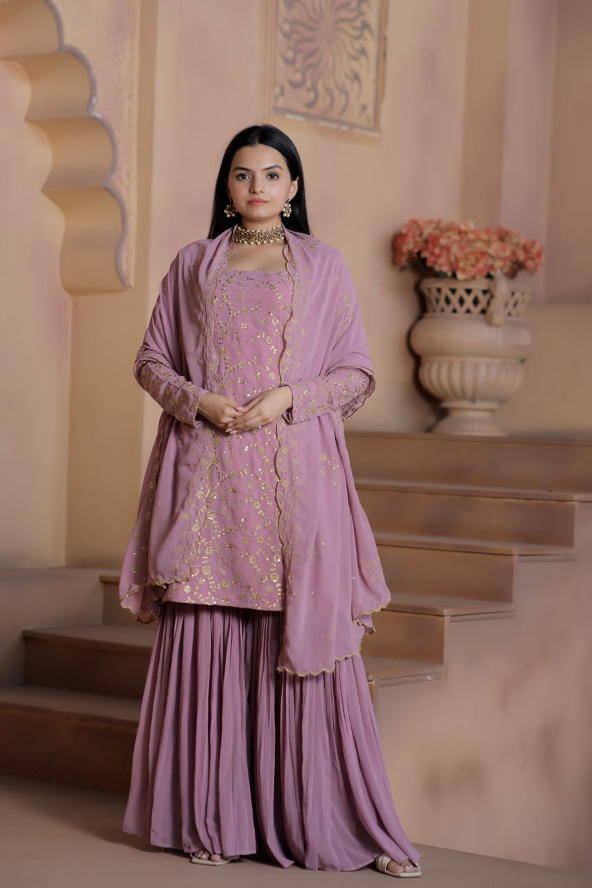 Mauve Premium Designer Readymade Top-Sharara-Dupatta Collection ClothsVilla