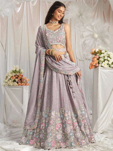 Mauve Pure Chiffon Sequins and thread embroidery Semi-Stitched Lehenga choli & Dupatta ClothsVilla