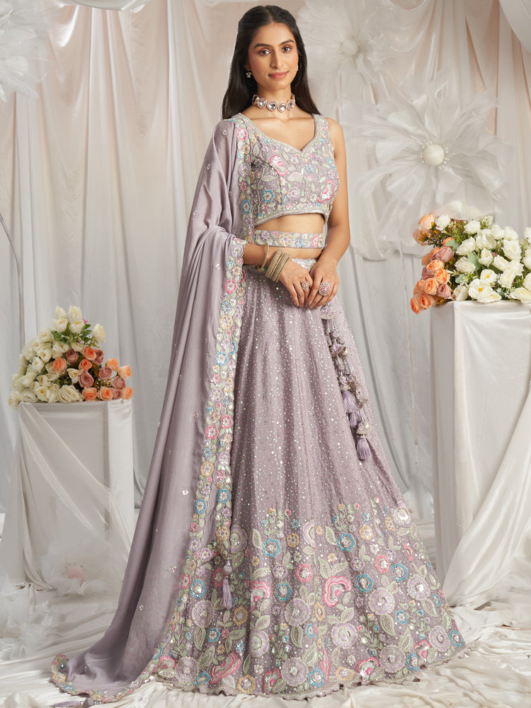 Mauve Pure Chiffon Sequins and thread embroidery Semi-Stitched Lehenga choli & Dupatta ClothsVilla